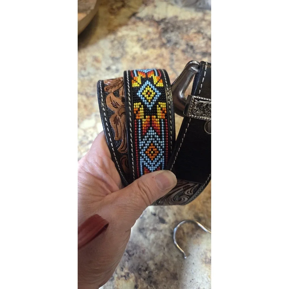 Beaded Tooled Leather Western Belt,  Rodeo, Festival, Concert